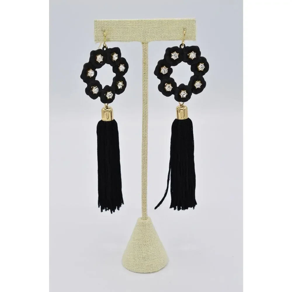 Vintage Statement Tassel Earrings Dangle Black Thread Gold Rhinestone Y2K BinAA